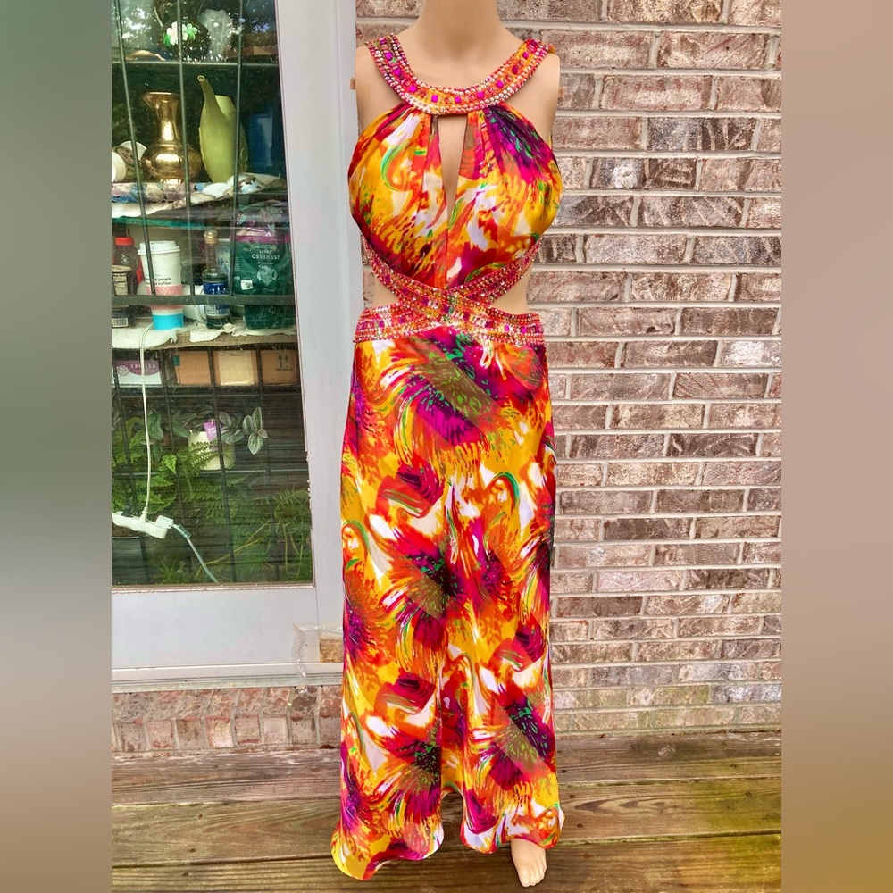 Watercolor Rainbow Rhinestone Halter Prom Dress